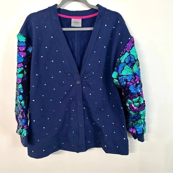Terez Women Rhinestone Sequin Sleeves Button Up V-Neck Cardigans Navy Sz S NWOT - Picture 2 of 11